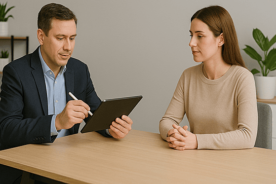 A notary doing an ipen (in person electronic notary) session using an ipad with a client.